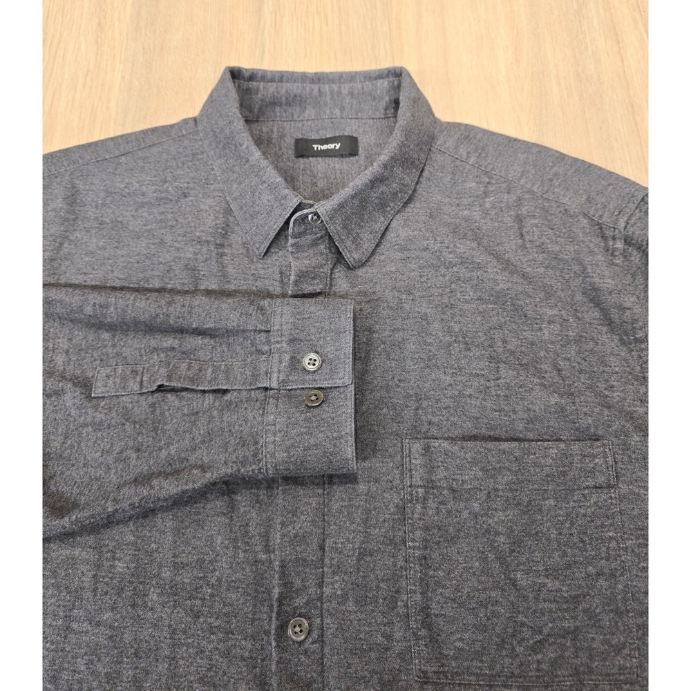 Theory Mens Flannel Casual Button Down Short XXL Gray Pocket Long Sleeve Cotton‎